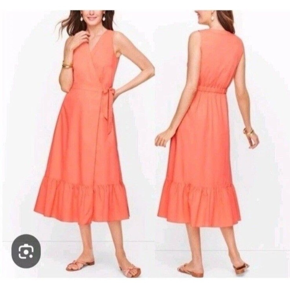 Talbots Petite Coral Orange Cotton Wrap Midi Dress Sleeveless Ruffle Hem Size 4P
